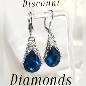 Vintage Teardrop Blue Sapphire  Dangle Earrings 925 Silver Women's Jewelry